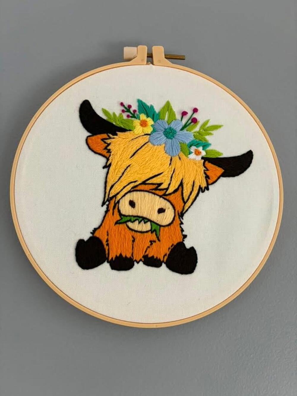 Hand-Embroidered Highland Cow Hoop | Floral Crown, Countryside Wall Décor